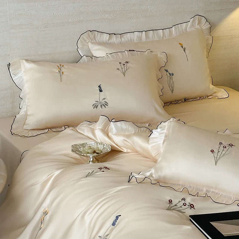 Satin Bedding Set Silky-Soft Pleated Frill Machine Washable