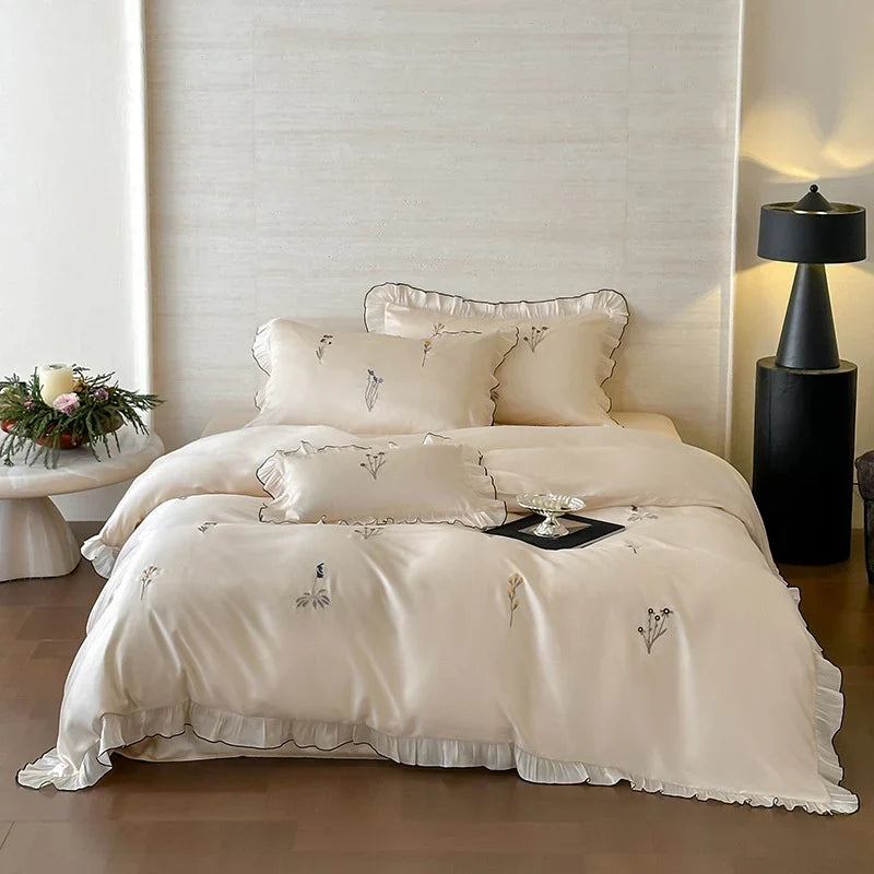 Satin Bedding Set Silky-Soft Pleated Frill Machine Washable