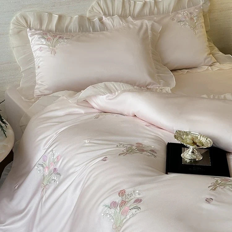 Satin Bedding Set Silky-Soft Pleated Frill Machine Washable
