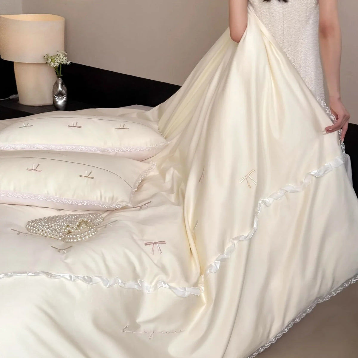 Satin Bedding Set Temperature-Regulating Embroidered Bows & Lace Trim
