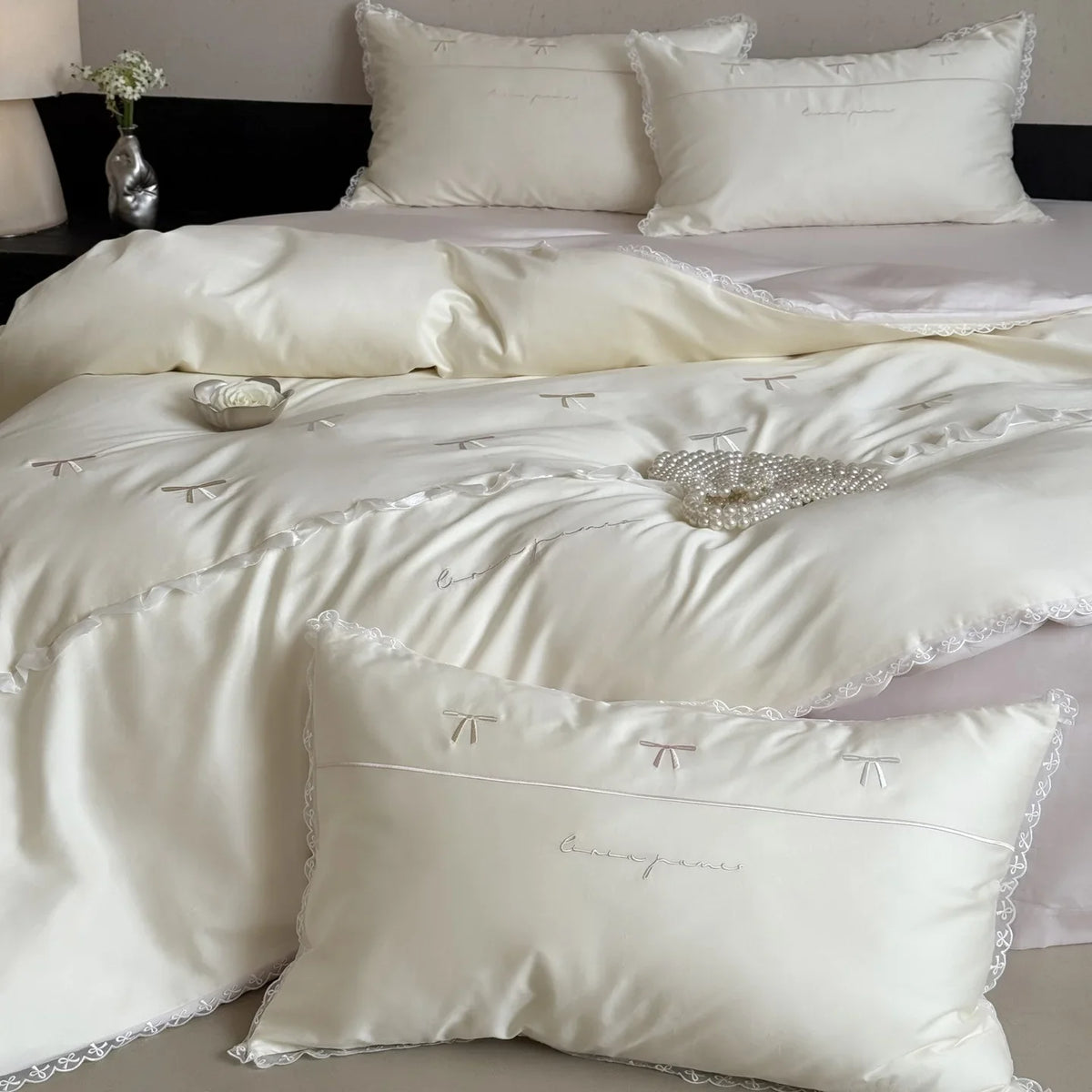 Satin Bedding Set Temperature-Regulating Embroidered Bows & Lace Trim
