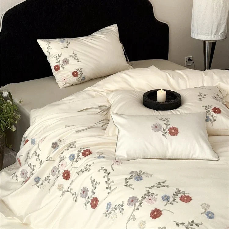 Satin Bedding Set Temperature Regulating Floral Embroidery