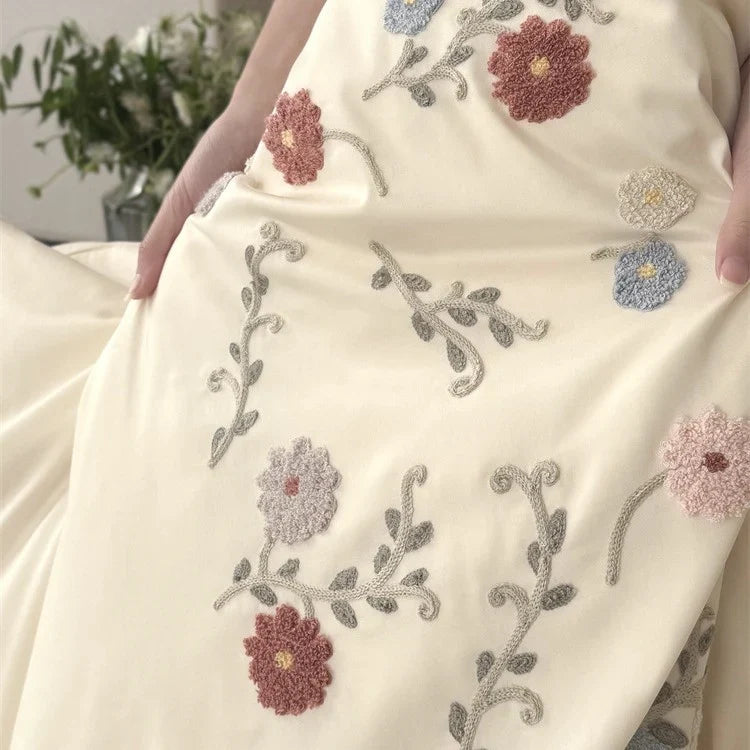 Satin Bedding Set Temperature Regulating Floral Embroidery