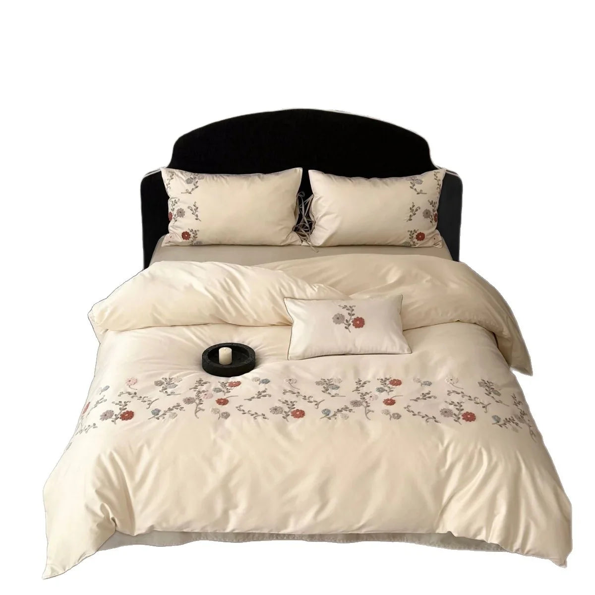 Satin Bedding Set Temperature Regulating Floral Embroidery