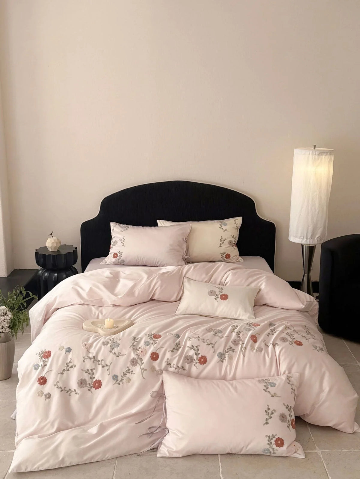 Satin Bedding Set Temperature Regulating Floral Embroidery