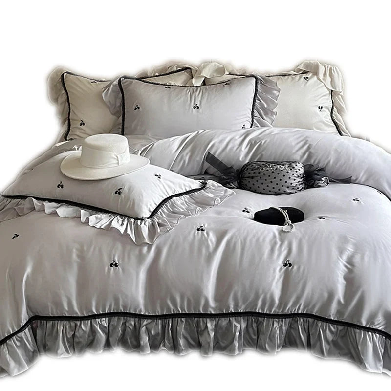 Satin Bedding Set Temperature-Regulating Ruffled Trim 4-Piece