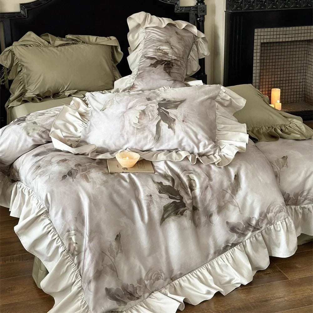 Satin Bedding Set Temperature-Regulating Silky-Matte Floral Ruffles