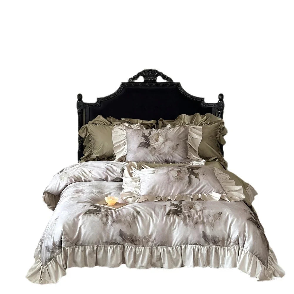 Satin Bedding Set Temperature-Regulating Silky-Matte Floral Ruffles