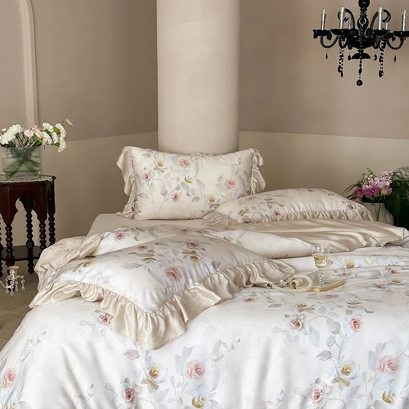 Satin Bedding Set Watercolor Rose Ruffled Pillows Machine Washable