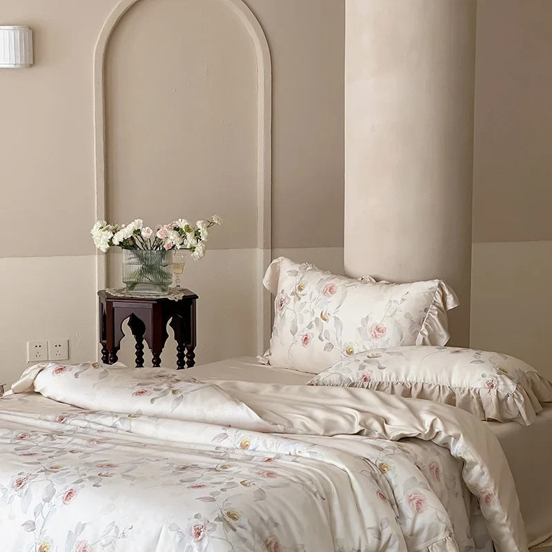 Satin Bedding Set Watercolor Rose Ruffled Pillows Machine Washable