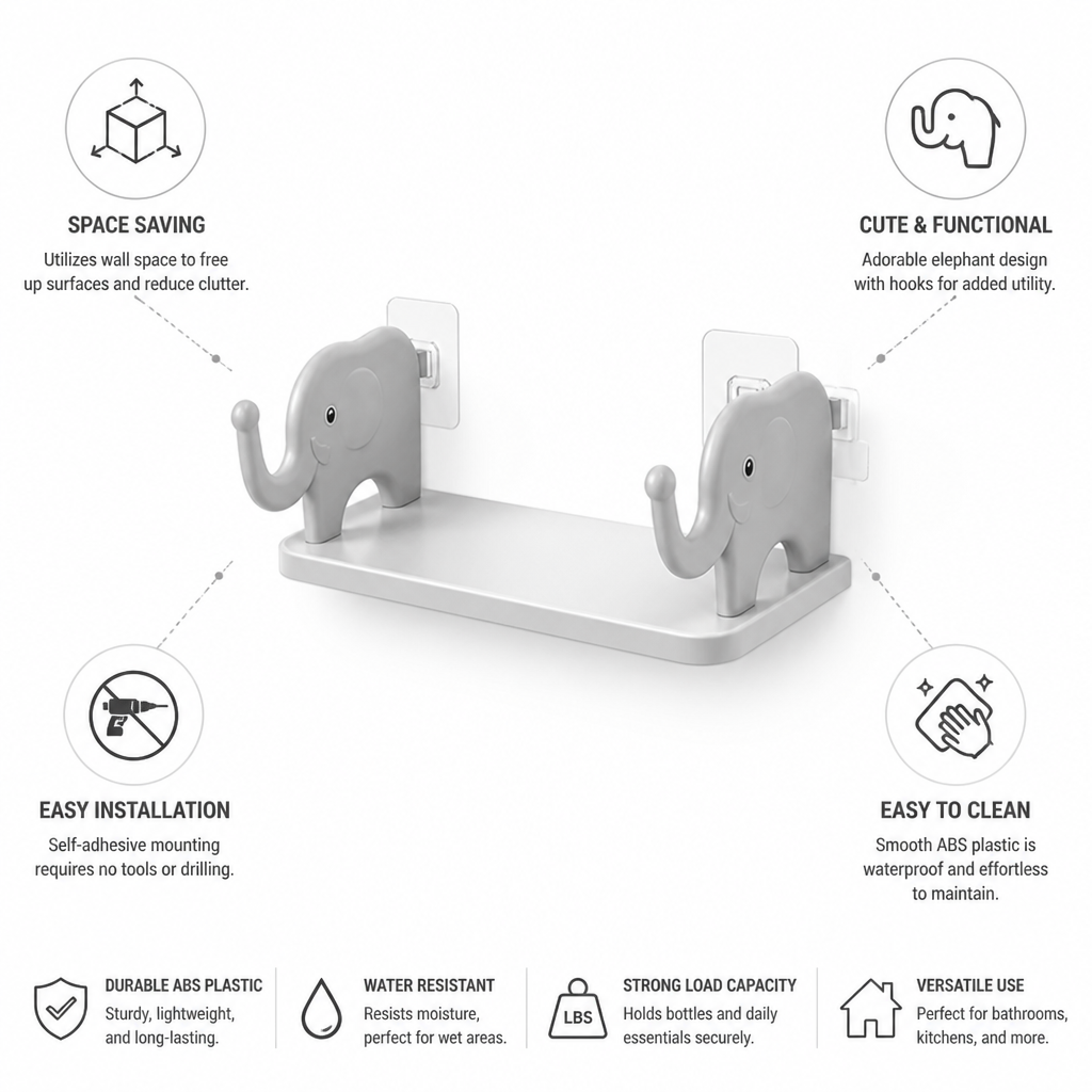 Self-Adhesive Elephant Wall Shelf With Hooks