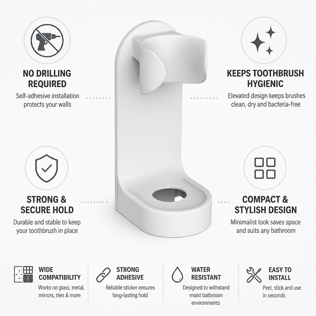 Self-Adhesive No-Drill Wall-Mount Toothbrush Holder