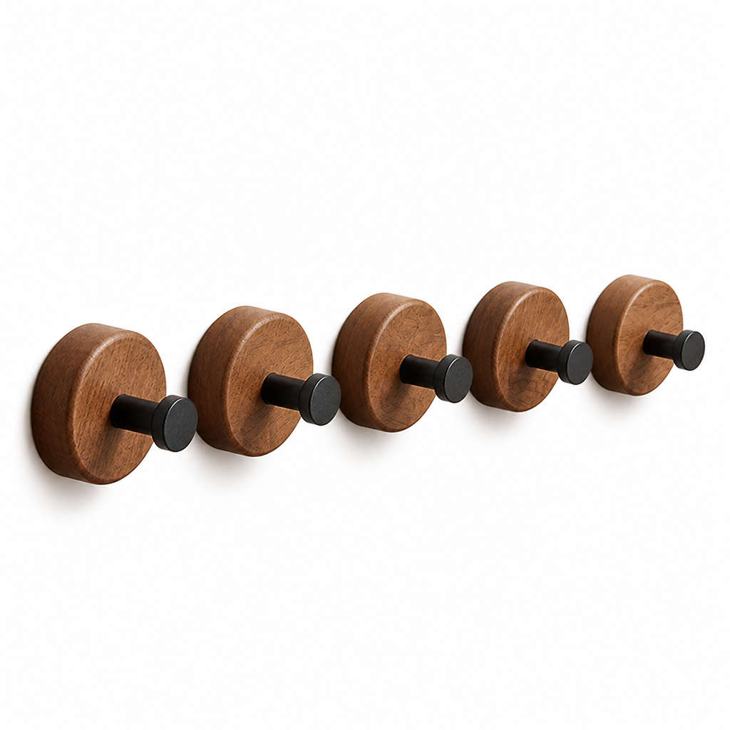 Self-Adhesive Walnut Wood & Matte Black Wall Hooks (Set of 5)
