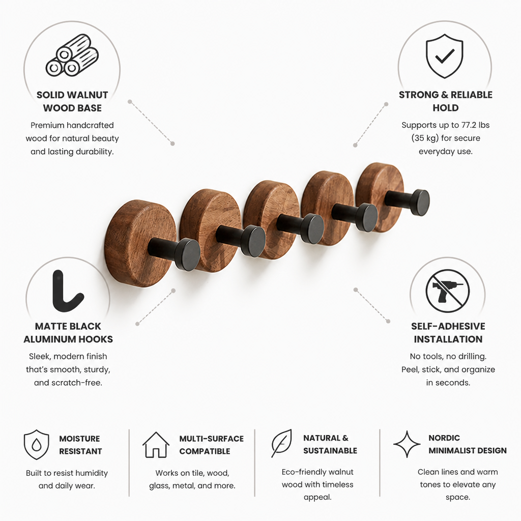 Self-Adhesive Walnut Wood & Matte Black Wall Hooks (Set of 5)