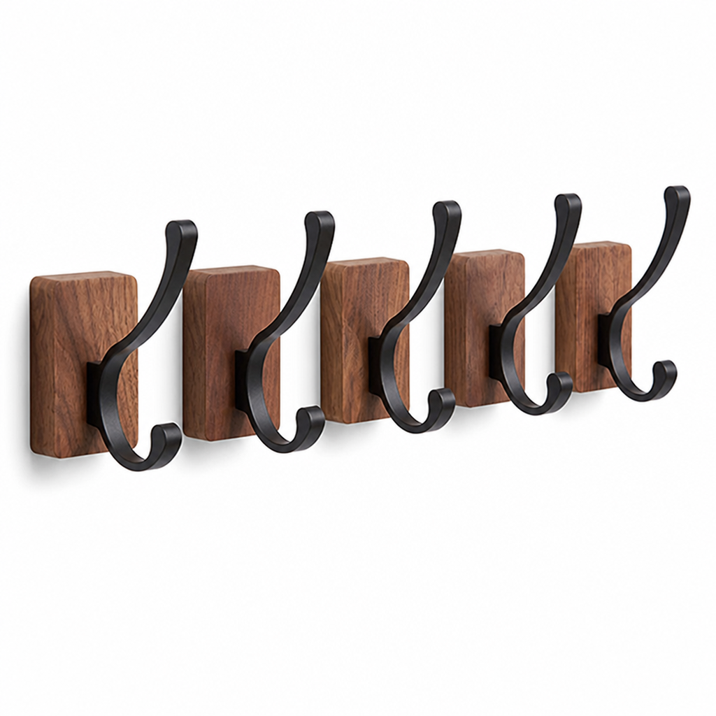 Self-Adhesive Walnut Wood & Matte Black Wall Hooks (Set of 5)