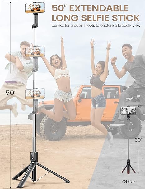 Selfie Stick Extendable Bluetooth Remote & Detachable Fill Light