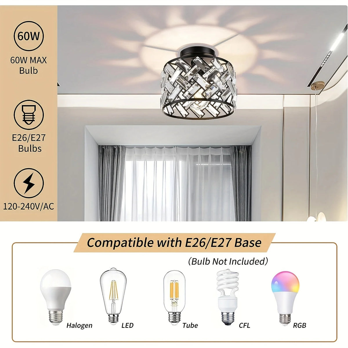 Semi-Flush Ceiling Light Crystal Elements Standard Bulb Fitting