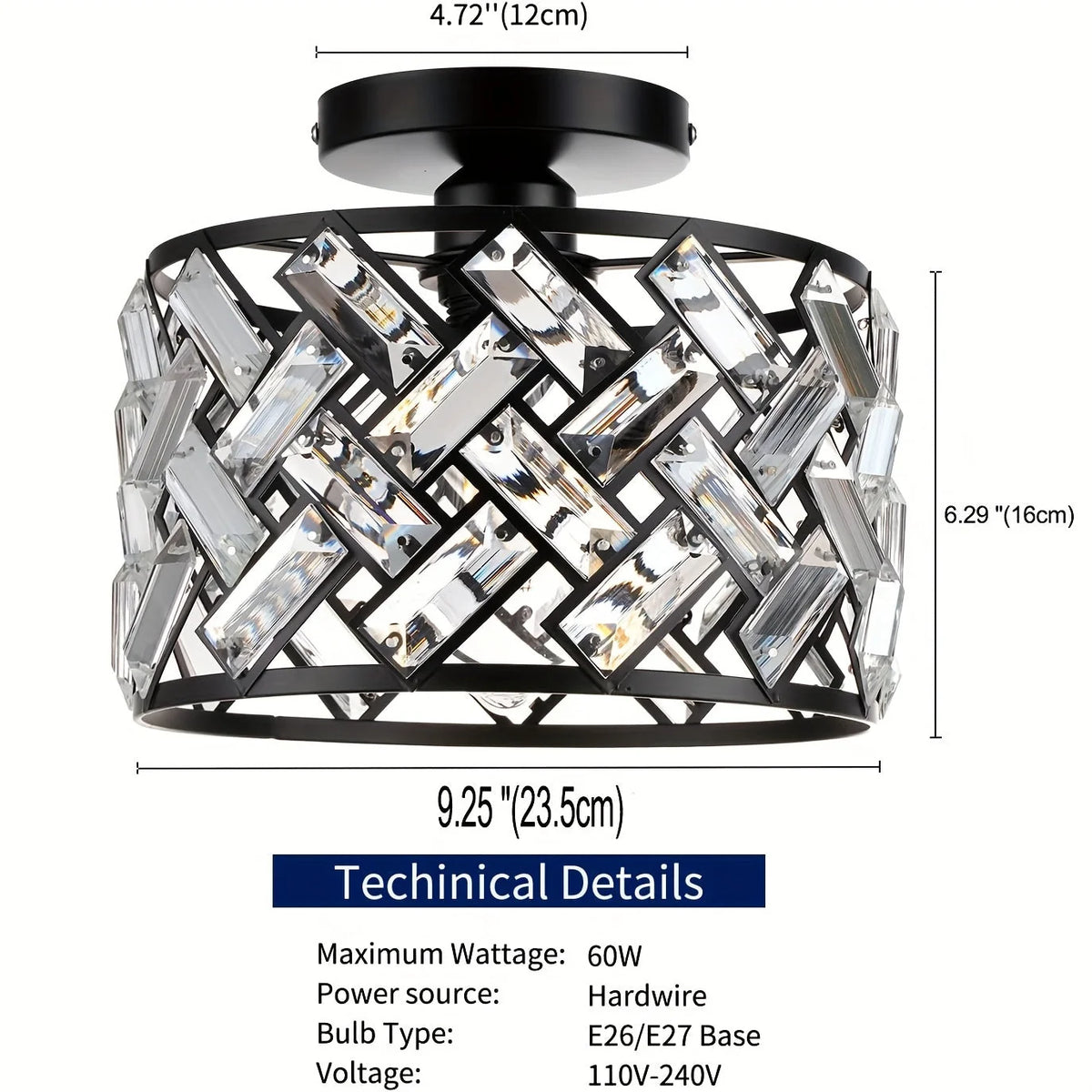 Semi-Flush Ceiling Light Crystal Elements Standard Bulb Fitting