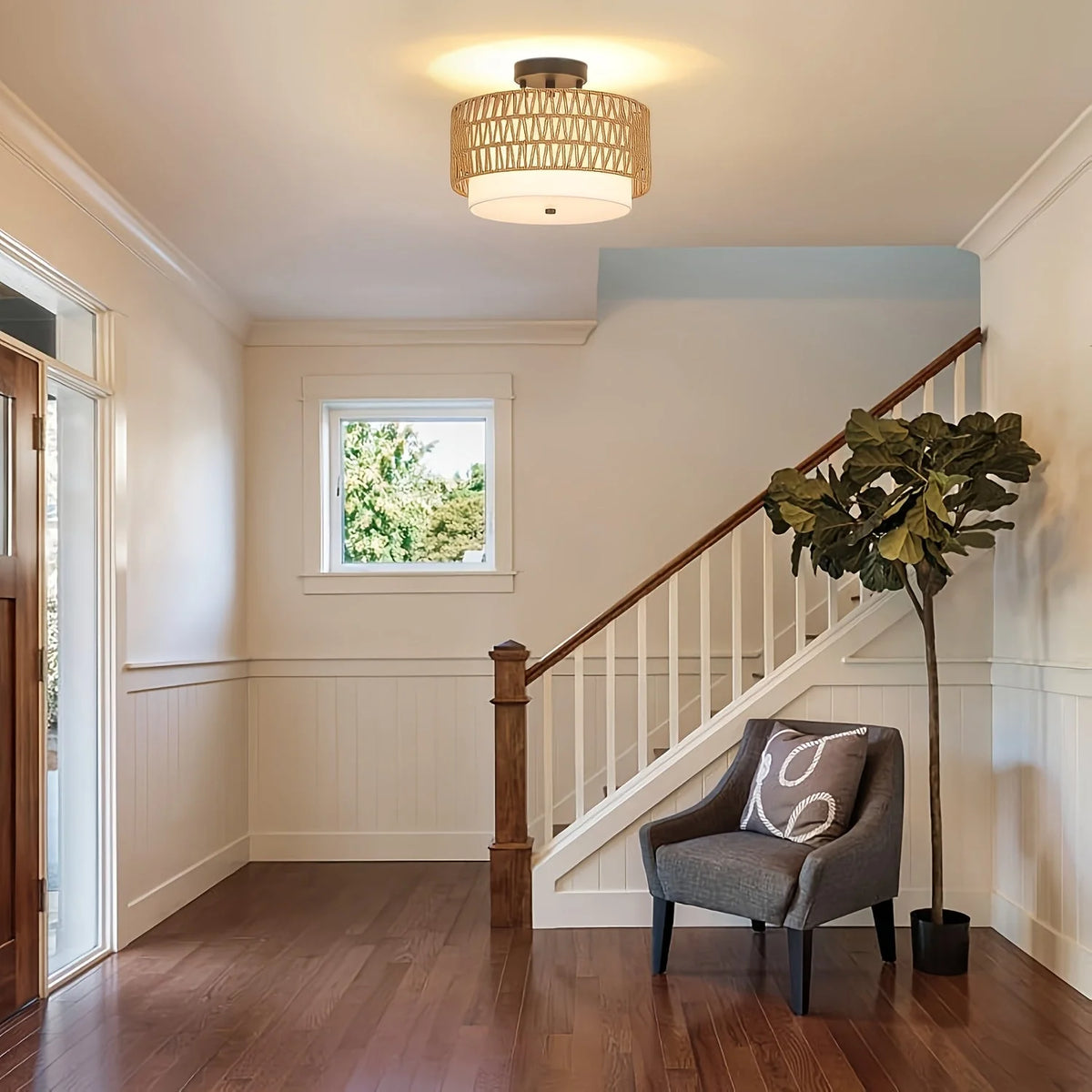 Semi-Flush Ceiling Light Rattan Frame Linen Shade