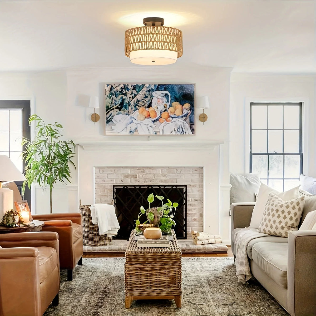 Semi-Flush Ceiling Light Rattan Frame Linen Shade