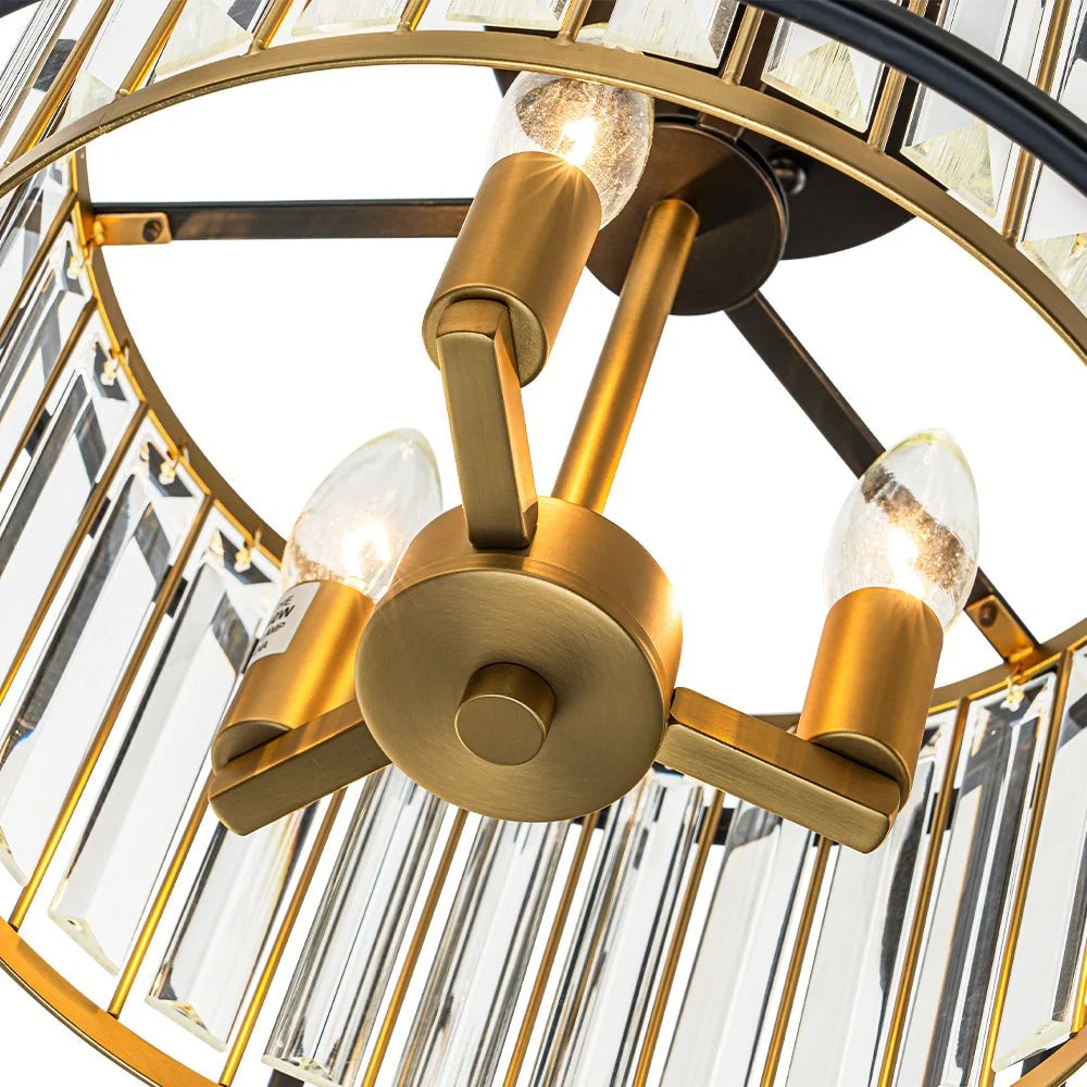Semi-Flush Mount Ceiling Light Crystal Black & Brass 3-Light