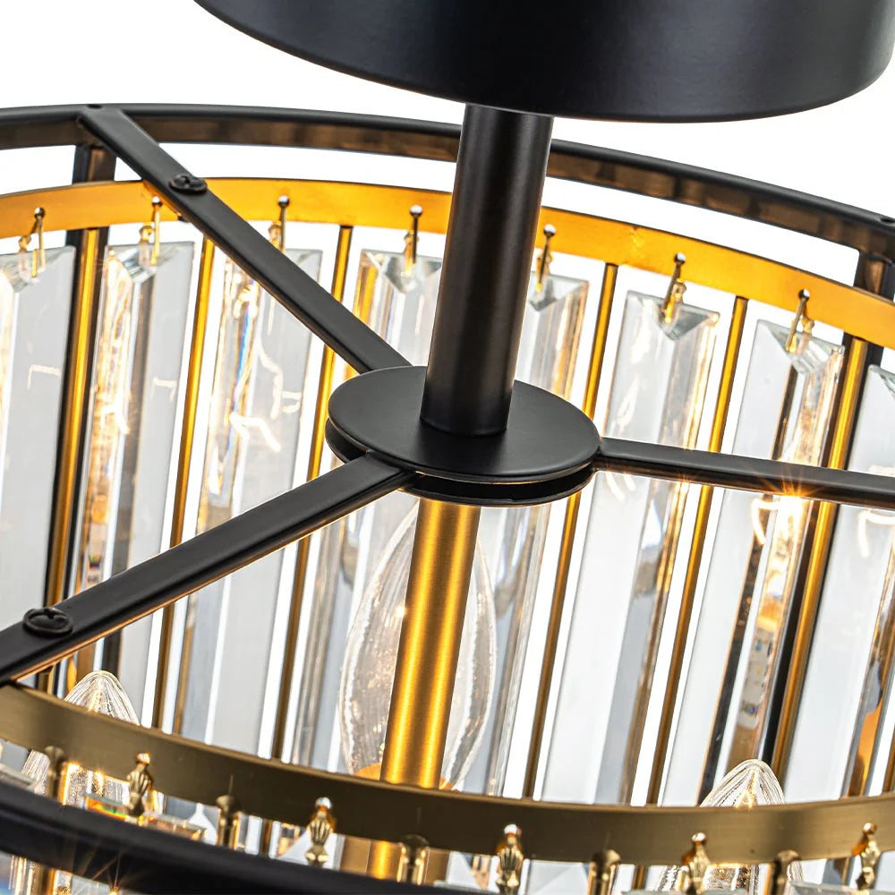 Semi-Flush Mount Ceiling Light Crystal Black & Brass 3-Light