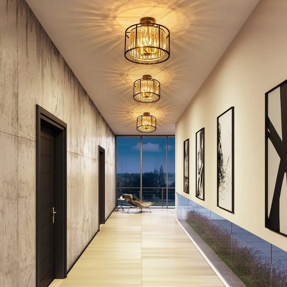 Semi-Flush Mount Ceiling Light Crystal Black & Brass 3-Light