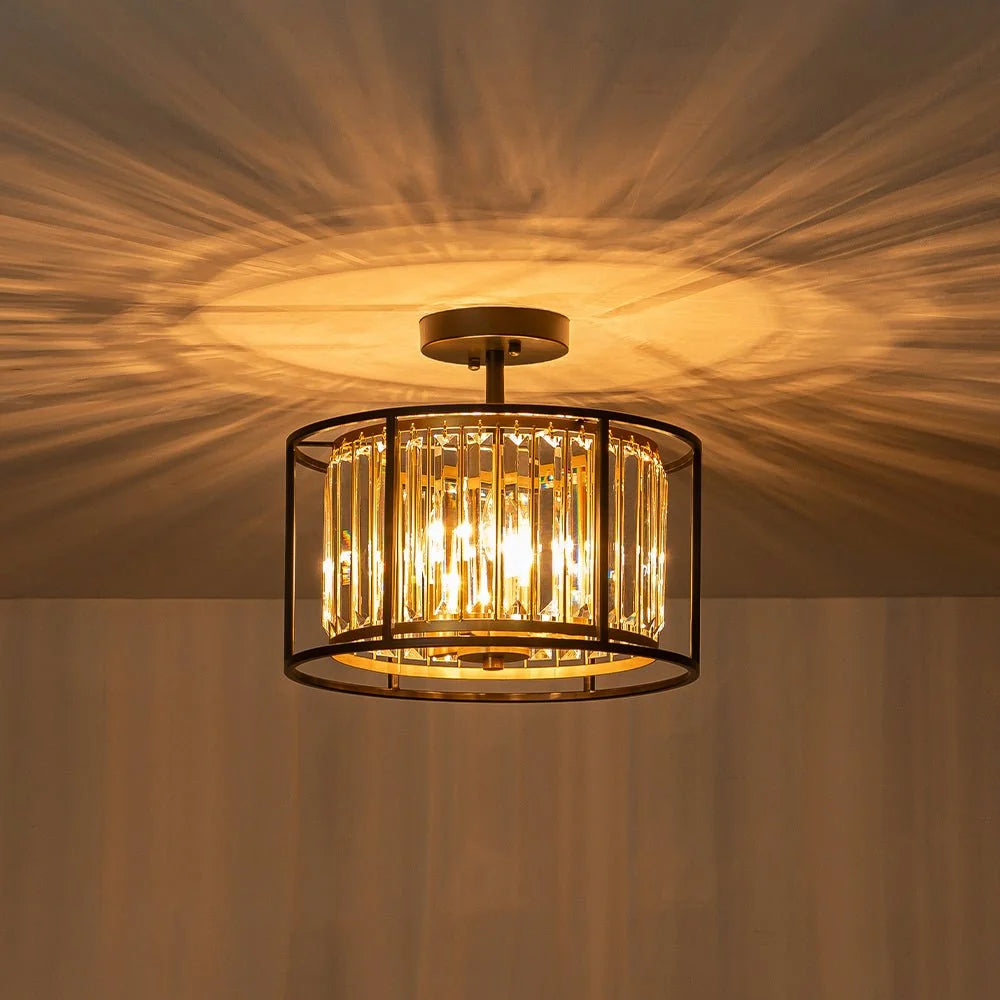 Semi-Flush Mount Ceiling Light Crystal Black & Brass 3-Light