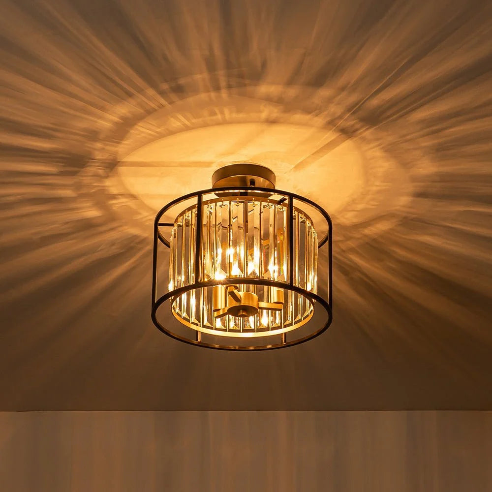 Semi-Flush Mount Ceiling Light Crystal Black & Brass 3-Light