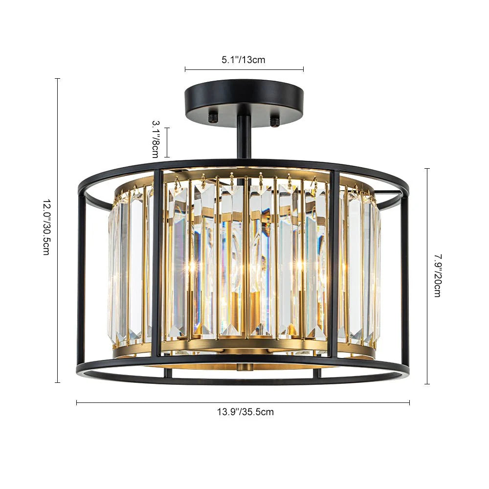 Semi-Flush Mount Ceiling Light Crystal Black & Brass 3-Light