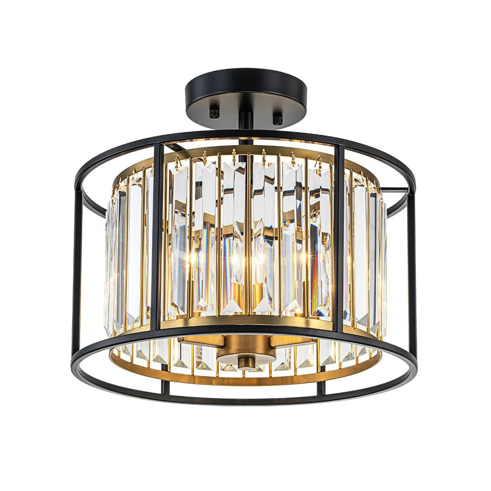 Semi-Flush Mount Ceiling Light Crystal Black & Brass 3-Light