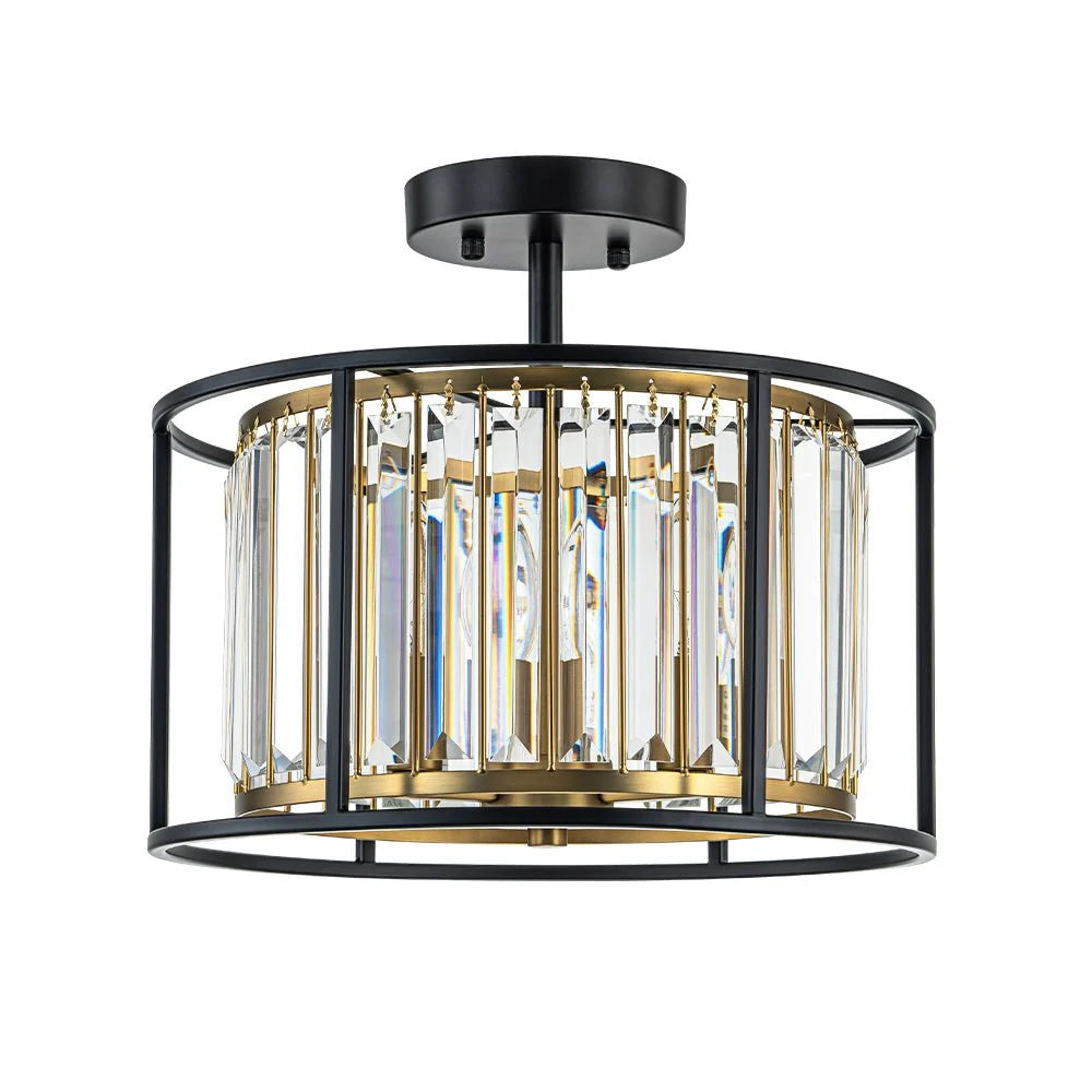 Semi-Flush Mount Ceiling Light Crystal Black & Brass 3-Light