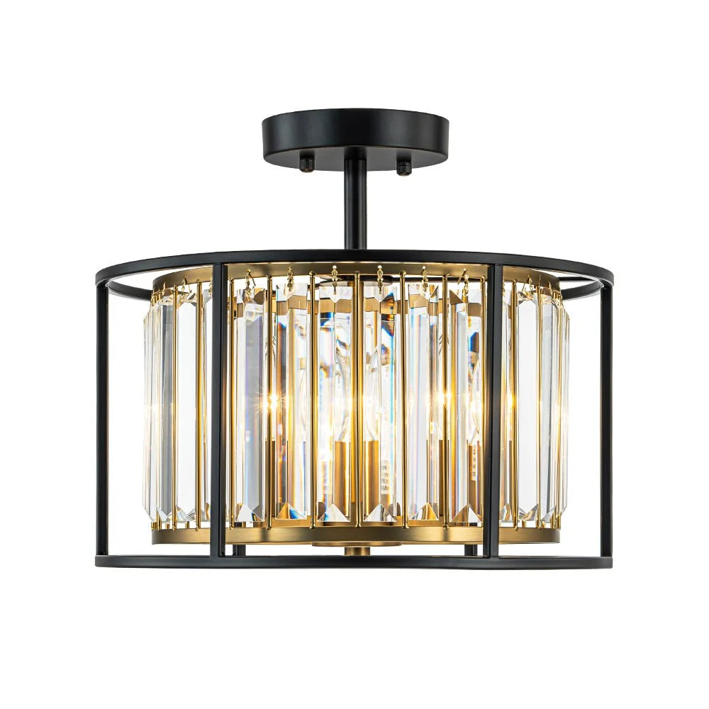 Semi-Flush Mount Ceiling Light Crystal Black & Brass 3-Light