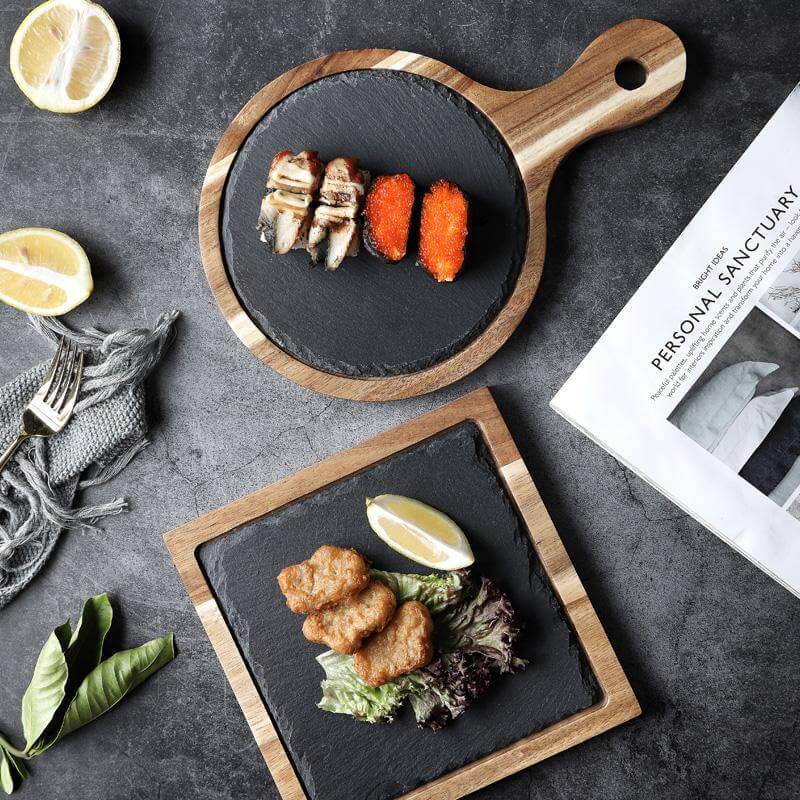 Serving Board Round Slate Insert With Wooden Handle
