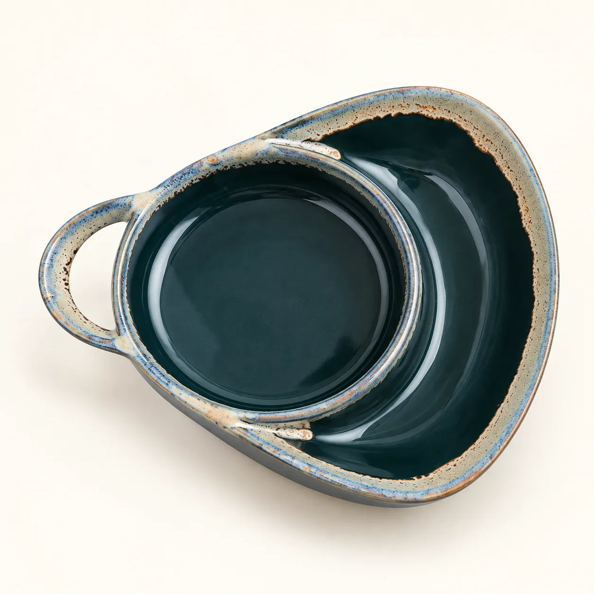 Serving Dish Glazed Ceramic Two Compartments Built-In Handle