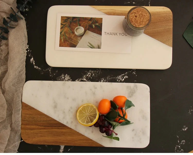 Serving Tray Natural Marble & Wood Rectangular