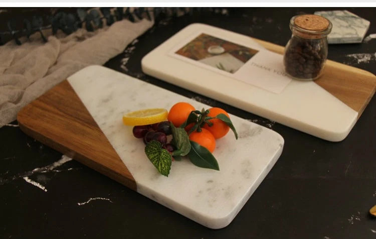 Serving Tray Natural Marble & Wood Rectangular