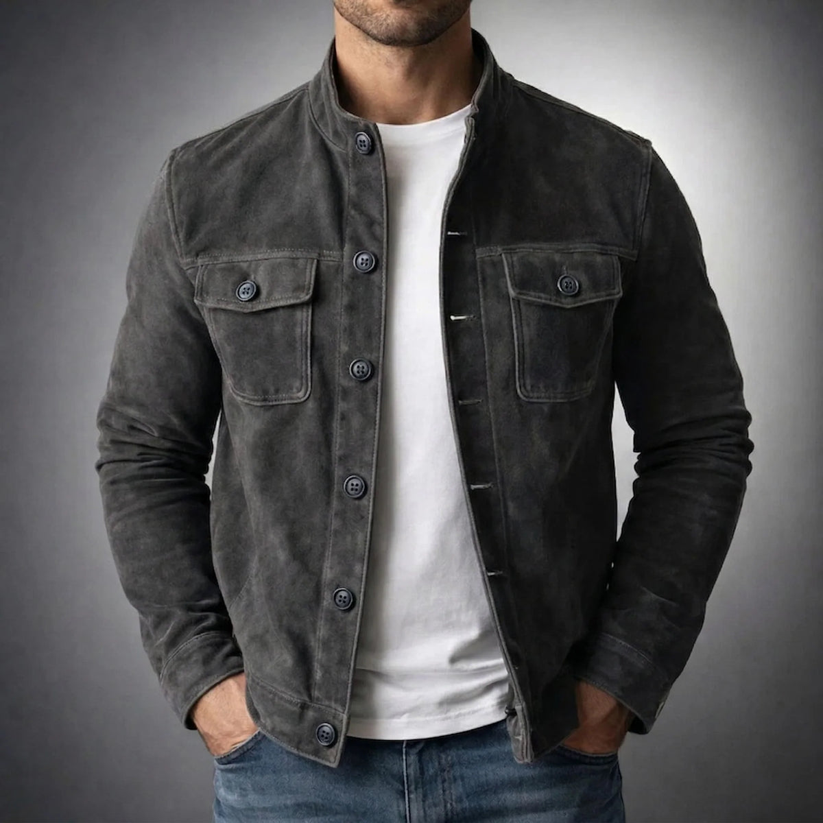 Shirt Jacket Suede Military-Inspired Double Chest Pockets