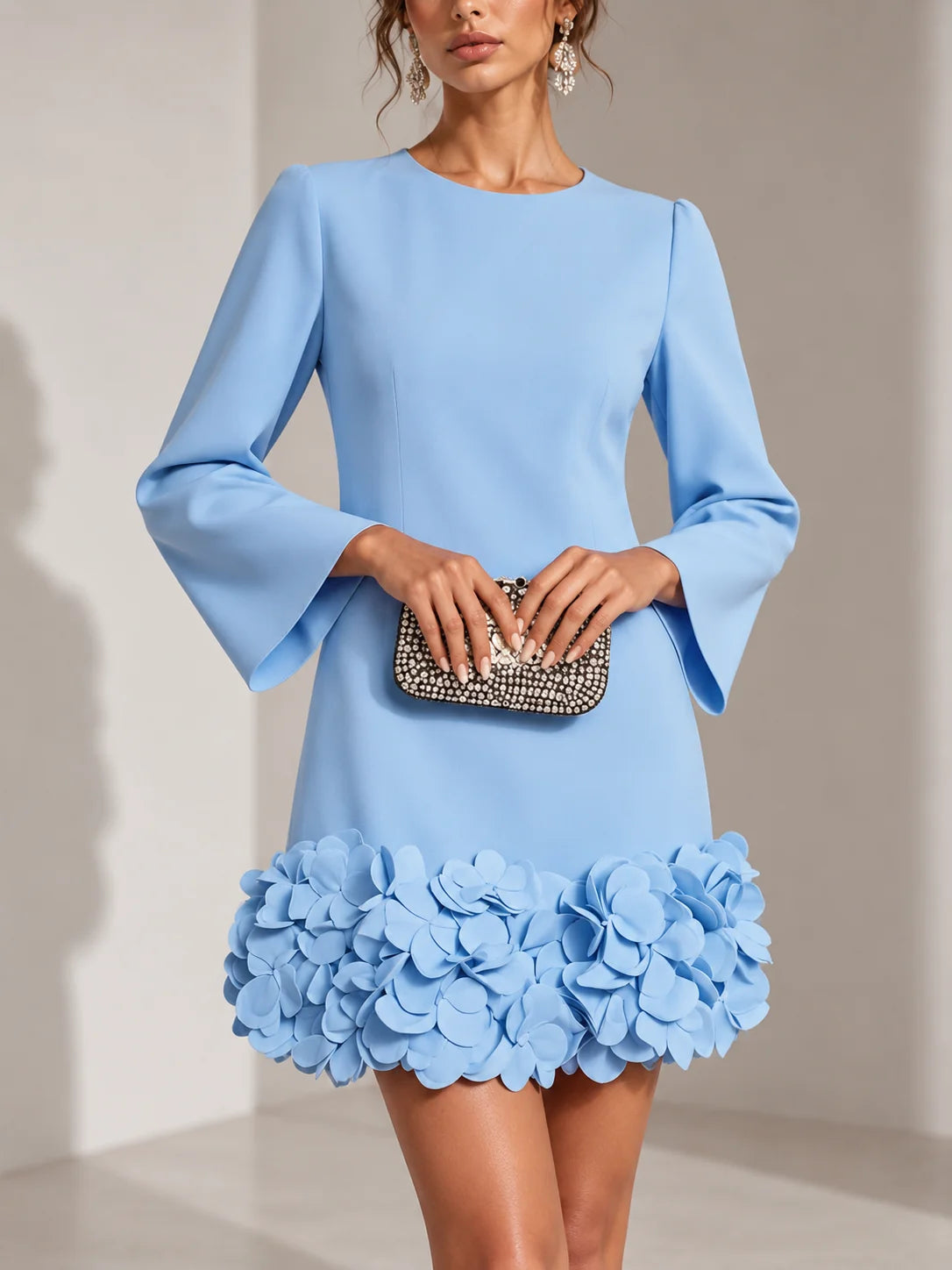 Short Dress 3D Floral Hem Flared Long Sleeves