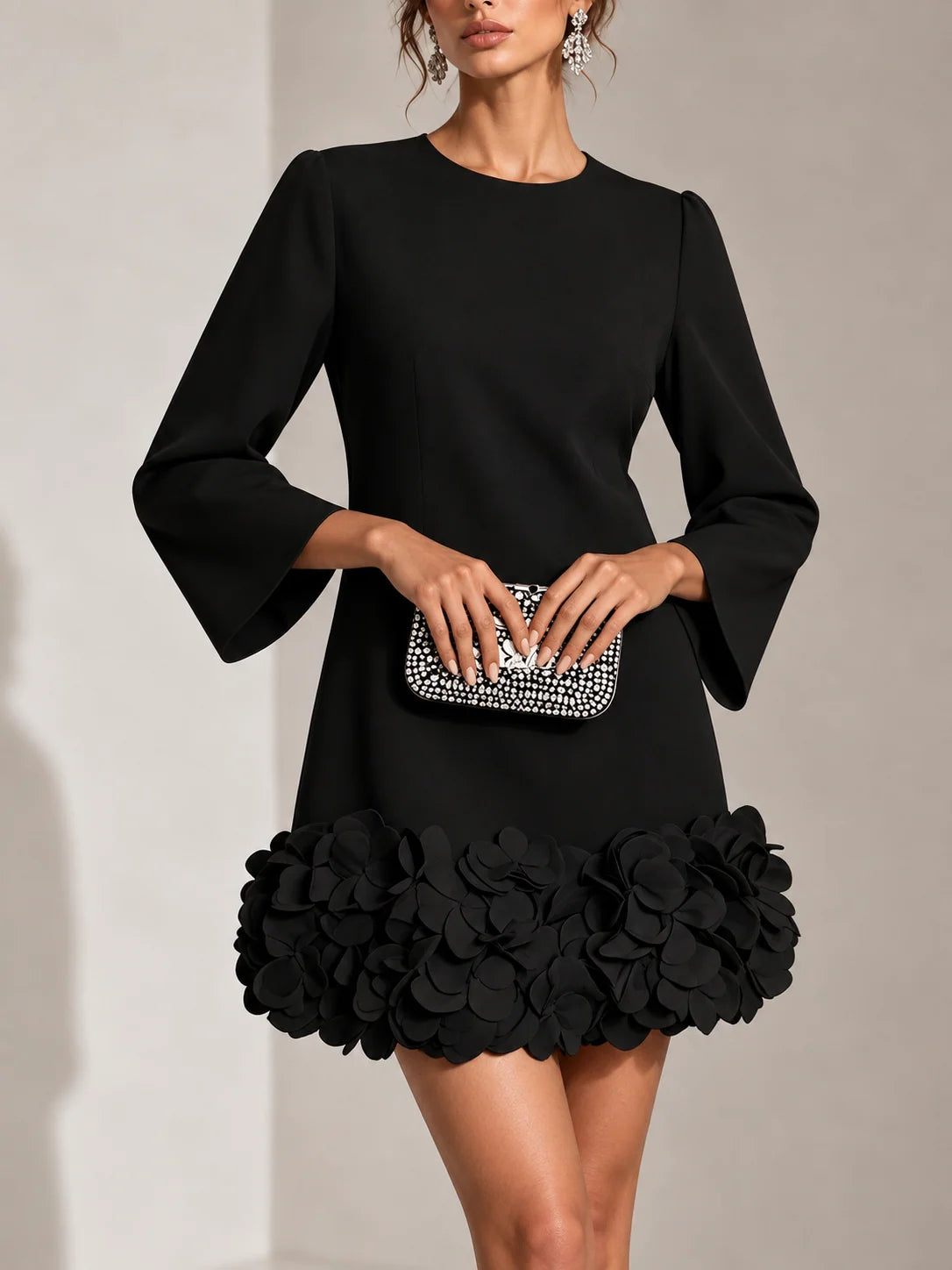 Short Dress 3D Floral Hem Flared Sleeves
