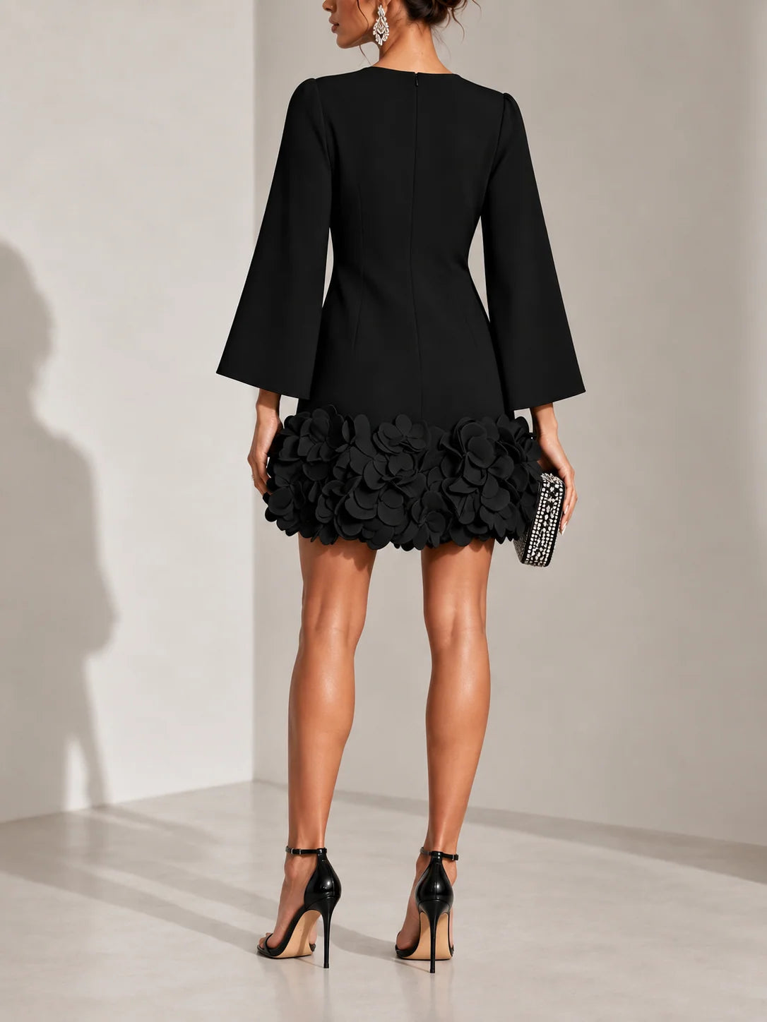 Short Dress 3D Floral Hem Flared Sleeves