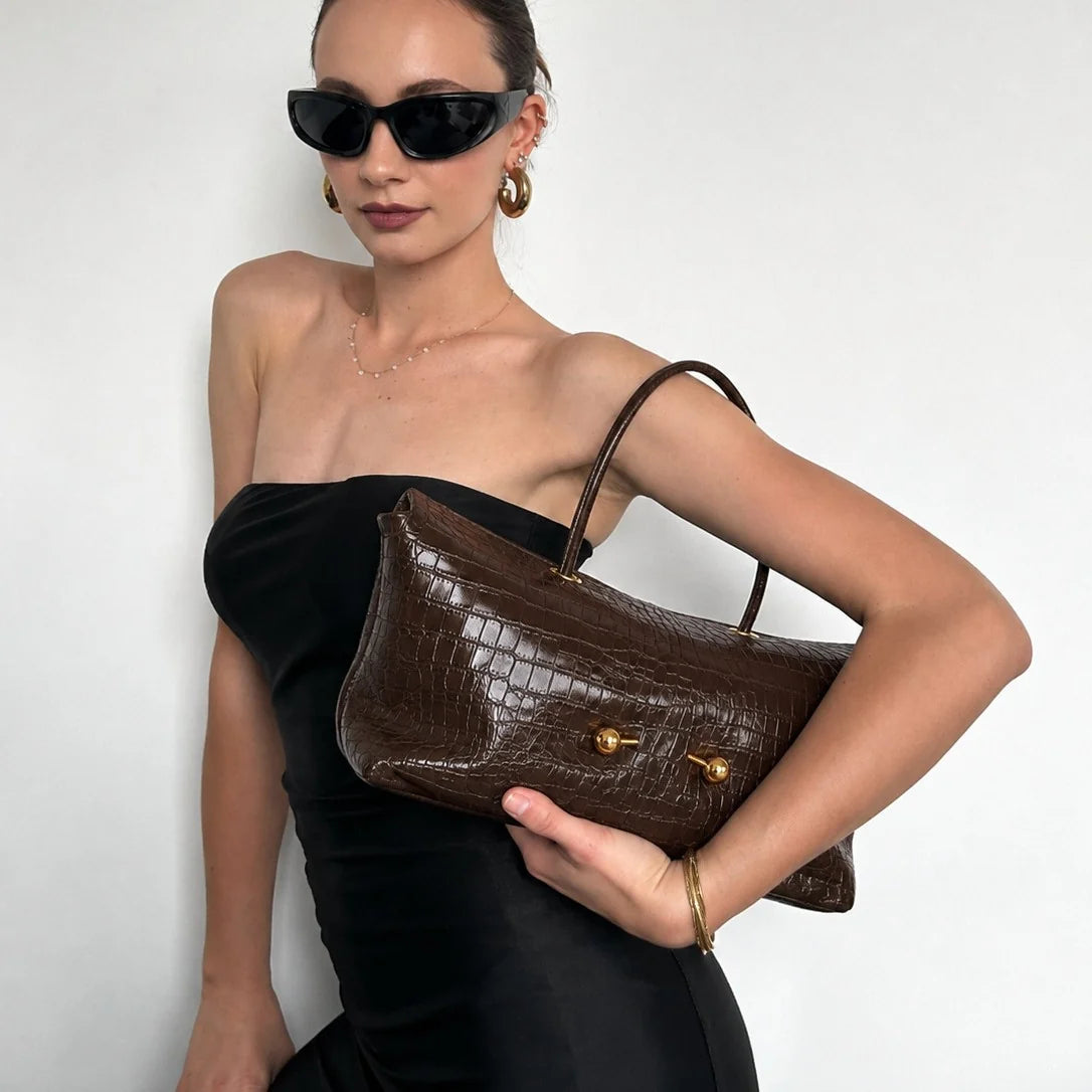 Shoulder Bag Crocodile-Texture Vegan Leather Spacious Interior Gold-Tone Hardware
