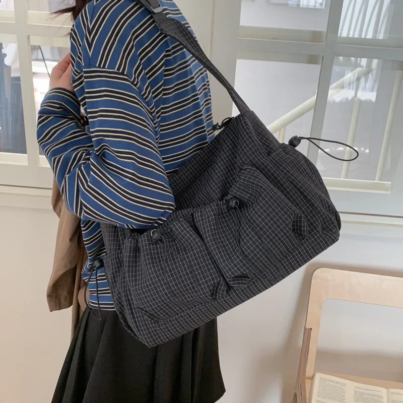 Shoulder Bag Plaid Adjustable Strap Multiple Pockets