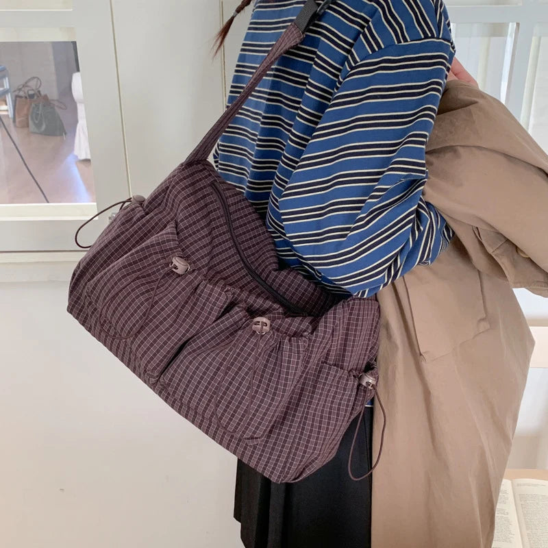 Shoulder Bag Plaid Adjustable Strap Multiple Pockets