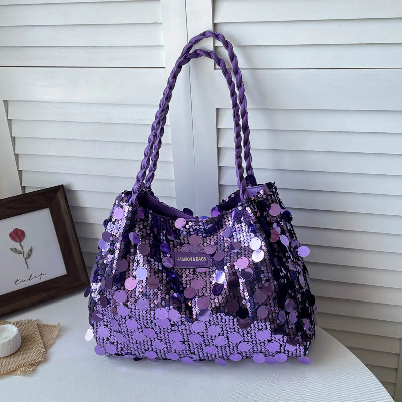 Shoulder Bag Sequin Finish Braided Strap Spacious Interior