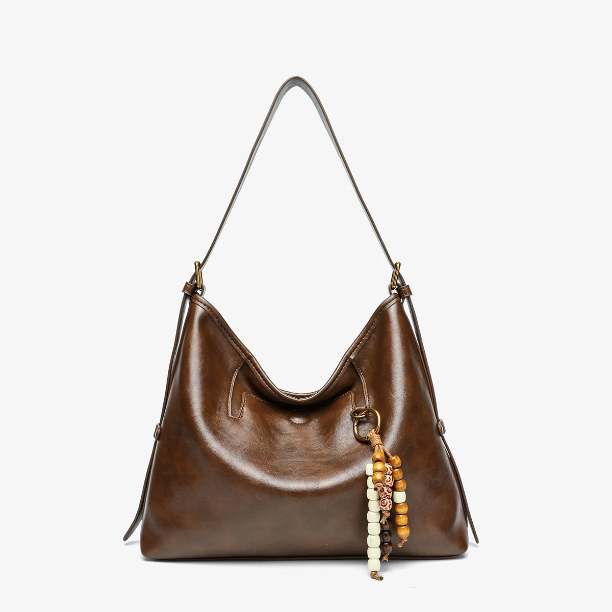 Shoulder Bag Soft Leather Slouchy Design Thick Strap Beaded Charm