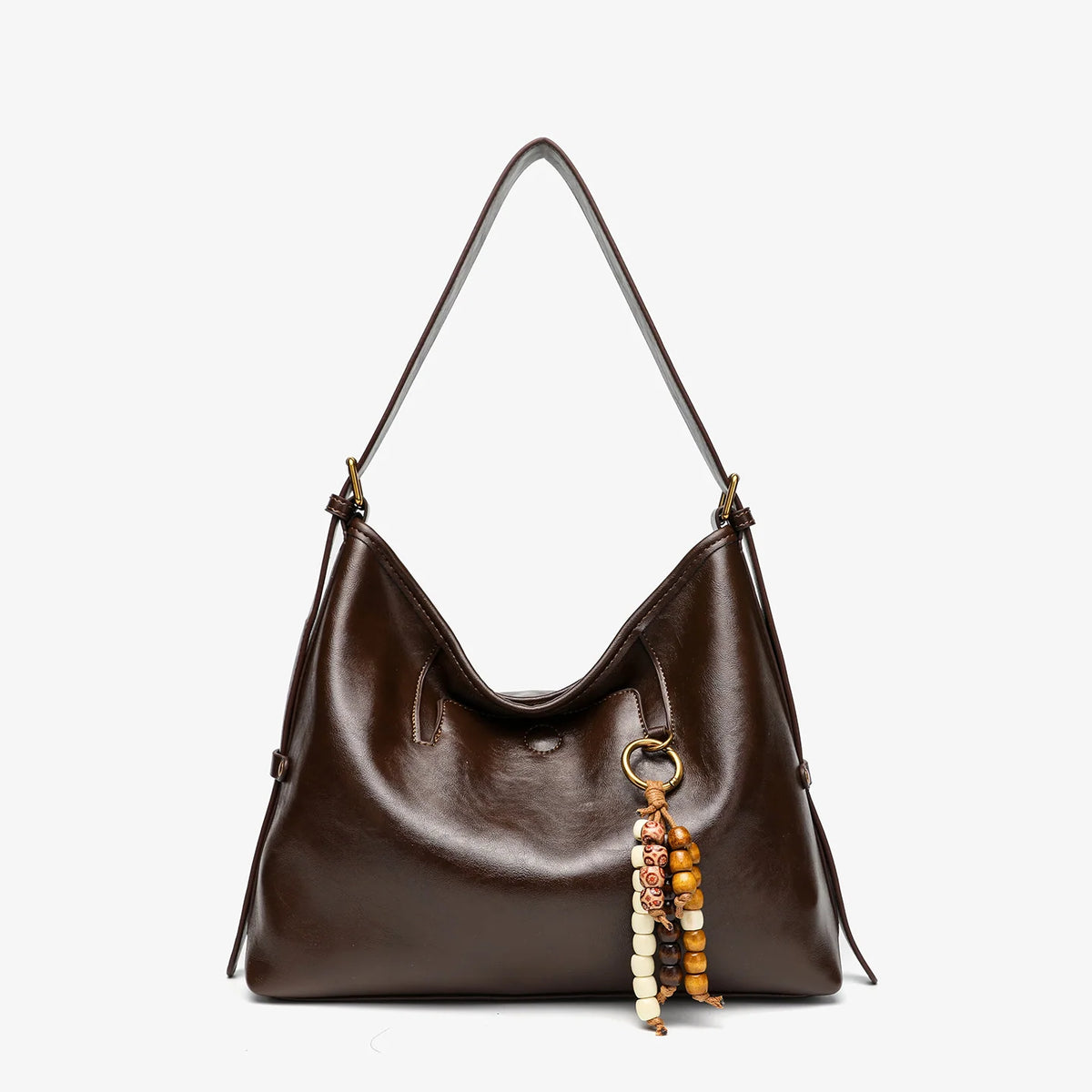 Shoulder Bag Soft Leather Slouchy Design Thick Strap Beaded Charm