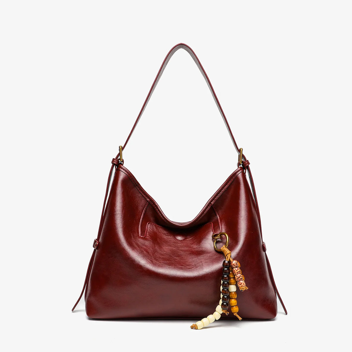 Shoulder Bag Soft Leather Slouchy Design Thick Strap Beaded Charm
