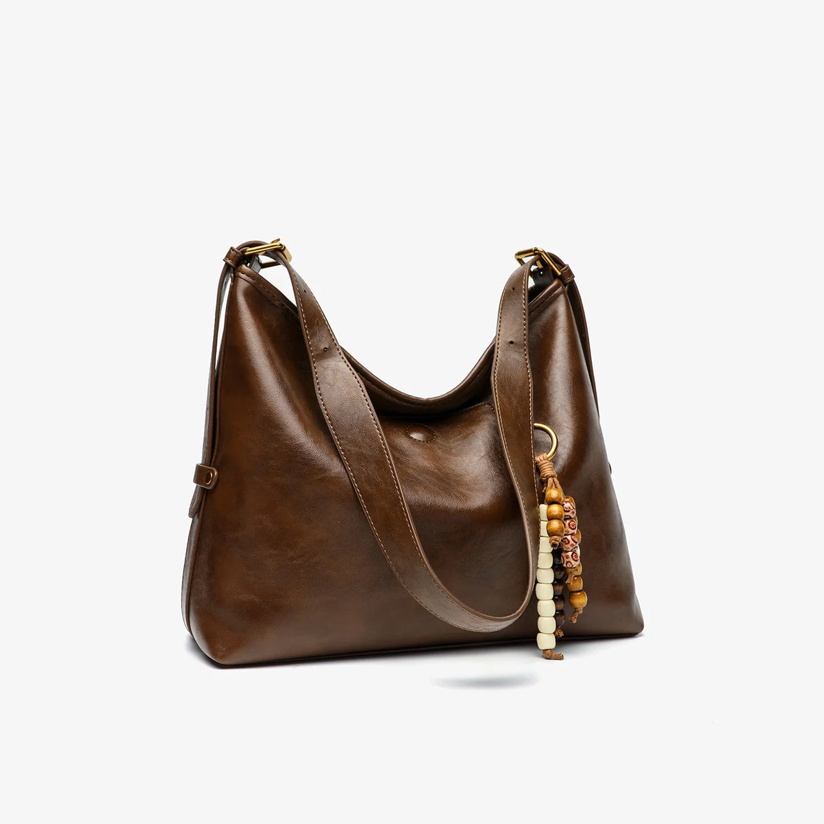 Shoulder Bag Soft Leather Slouchy Design Thick Strap Beaded Charm