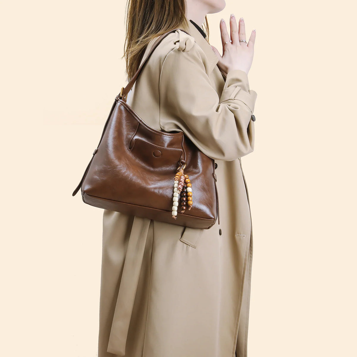 Shoulder Bag Soft Leather Slouchy Design Thick Strap Beaded Charm